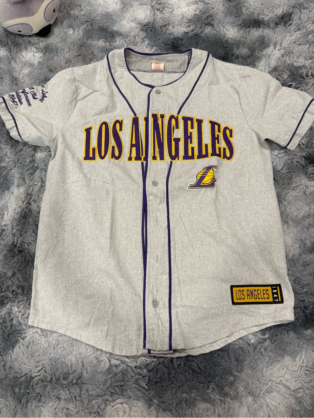 NBA Los Angeles Grey & Purple Button-Front Jersey with Yellow Lettering